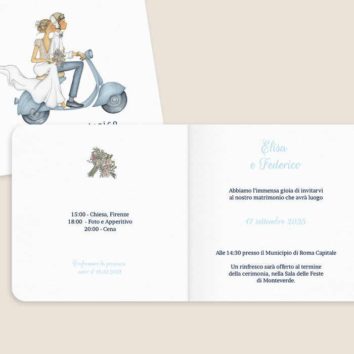 Partecipazioni di matrimonio viaggio Una coppia su uno scooter