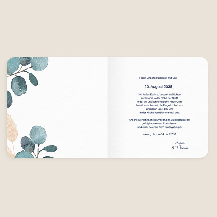 Moderne Einladungskarten Hochzeit Eukalyptus-Kranz und getrocknete Blumen