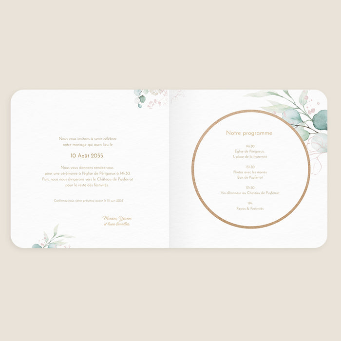 Faire-part mariage moderne Cercle bois et eucalyptus rose