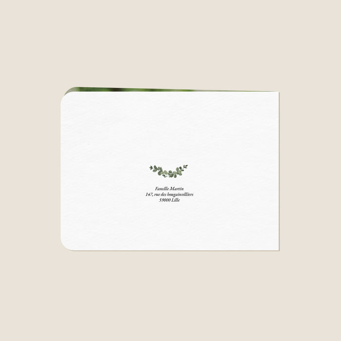 Faire-part baptême classique Couronne de feuilles, eucalyptus et croix