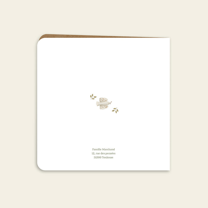 Faire-part baptême champêtre Colombe, fougère et kraft