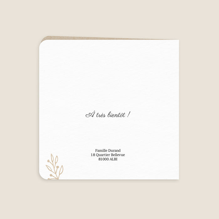 Faire-part baptême garçon Kraft et feuillage blanc