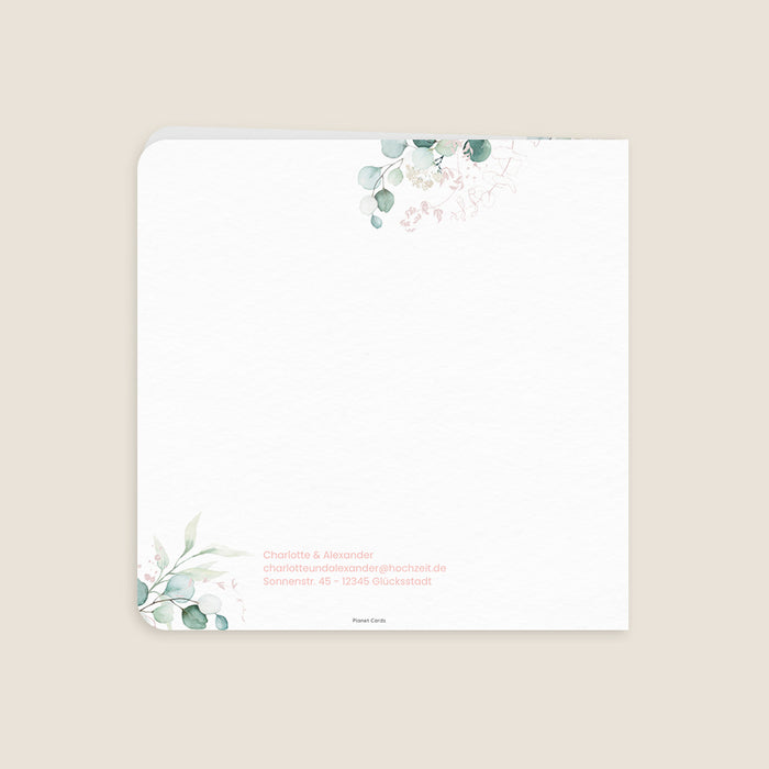 Moderne Einladungskarten Hochzeit Holzkreis und rosa Eukalyptus