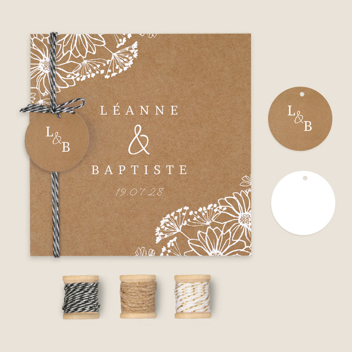 Faire-part mariage bohème Kraft et Fleurs Blanches