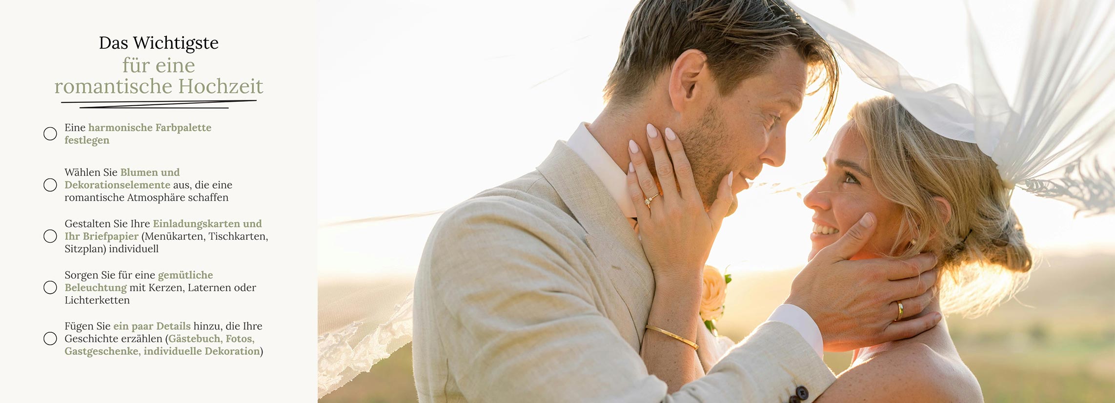 Ich lade die Liste herunter, um eine romantische Hochzeit zu organisieren