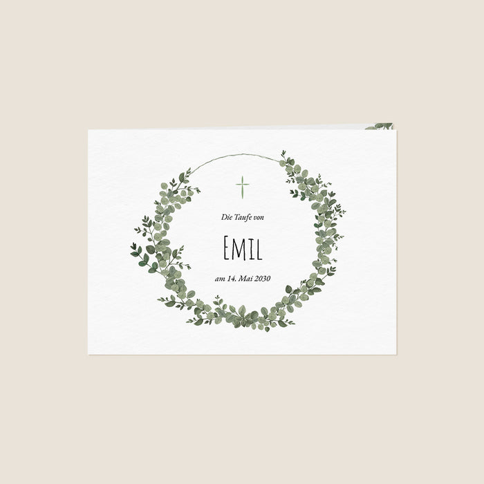 Taufkarten Blätterkranz, Eukalyptus & Kreuz