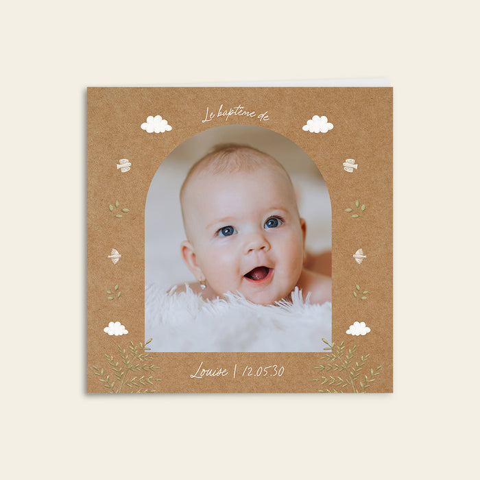 Faire-part baptême champêtre Colombe, fougère et kraft