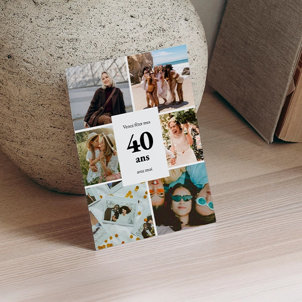 Carte d'invitation anniversaire adulte pêle-mêle, un design moderne et festif pour rassembler vos plus beaux souvenirs avec élégance.