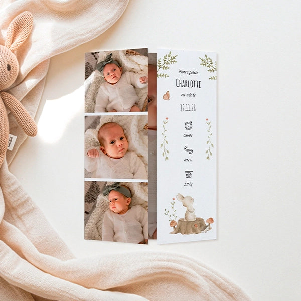 Faire-part de naissance triptyque au charme poétique, un modèle tendre pour annoncer son arrivée.