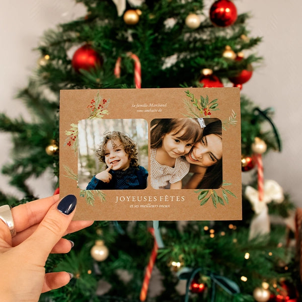 Carte de vœux personnalisée avec photo, un design kraft authentique et chaleureux pour vos fêtes.