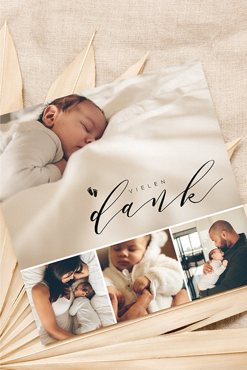 Dankeskarte zur Geburt im einfachen quadratischen Format mit vier Fotos einer Familie und eines Neugeborenen mit dem Text „Vielen Dank“.