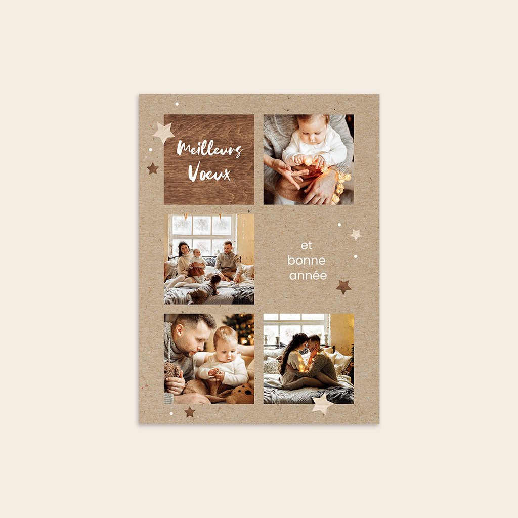 Carte de vœux au format portrait, couleur kraft avec des étoiles beiges et marrons, cinq cases carrées dont quatre photos d'une famille et un texte "Meilleurs Voeux"