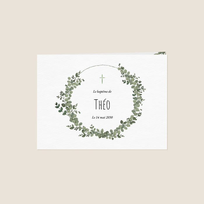 Faire-part baptême classique Couronne de feuilles, eucalyptus et croix