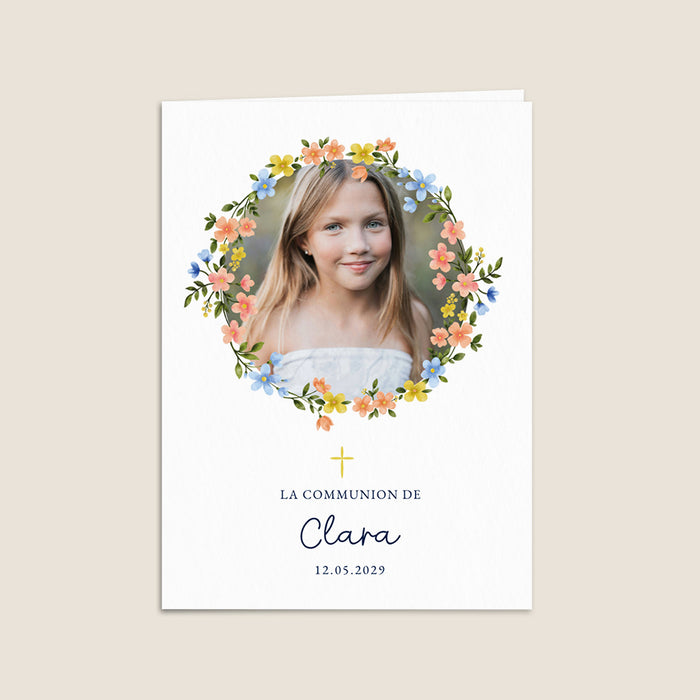 Faire-part communion Croix et couronne de fleurs