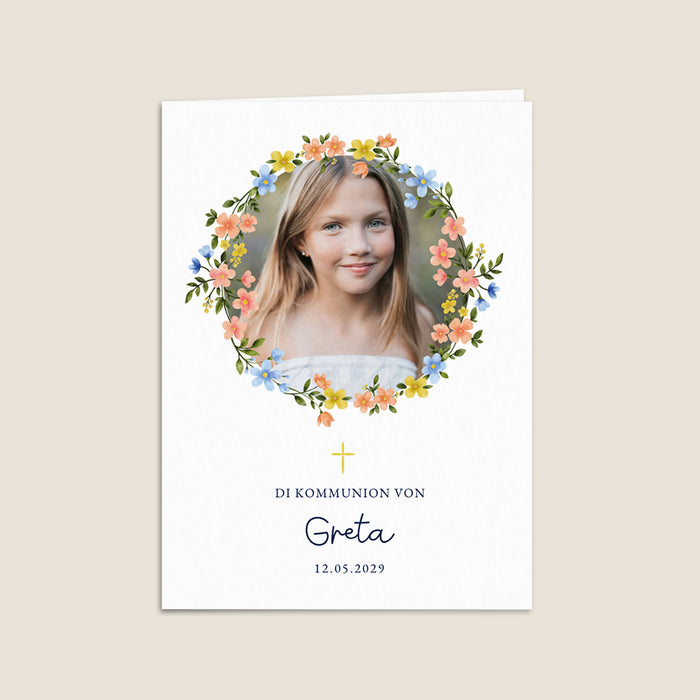 Kommunion Einladungskarten Kreuz und Blumenkranz
