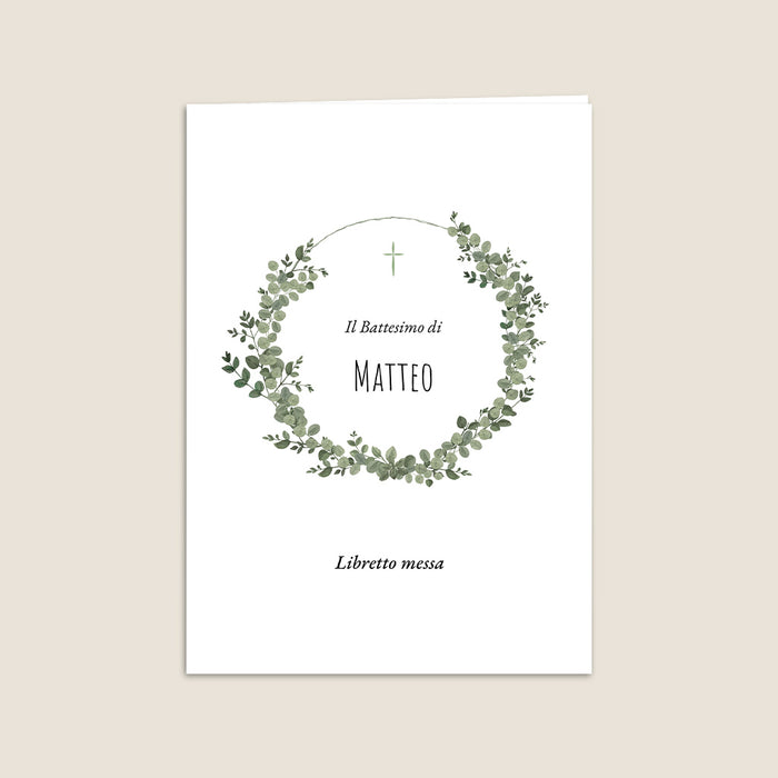 Libretto messa battesimo Ghirlanda di foglie, Eucalipto e Croce