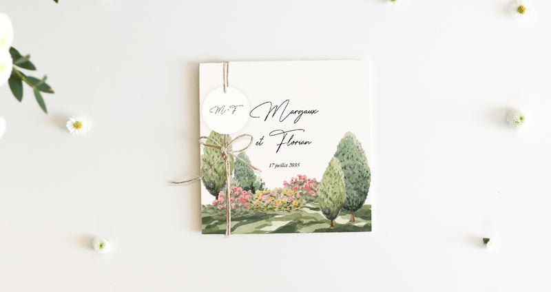Faire-part de mariage carré avec illustration aquarelle de cyprès et fleurs, noué d'une ficelle de lin.