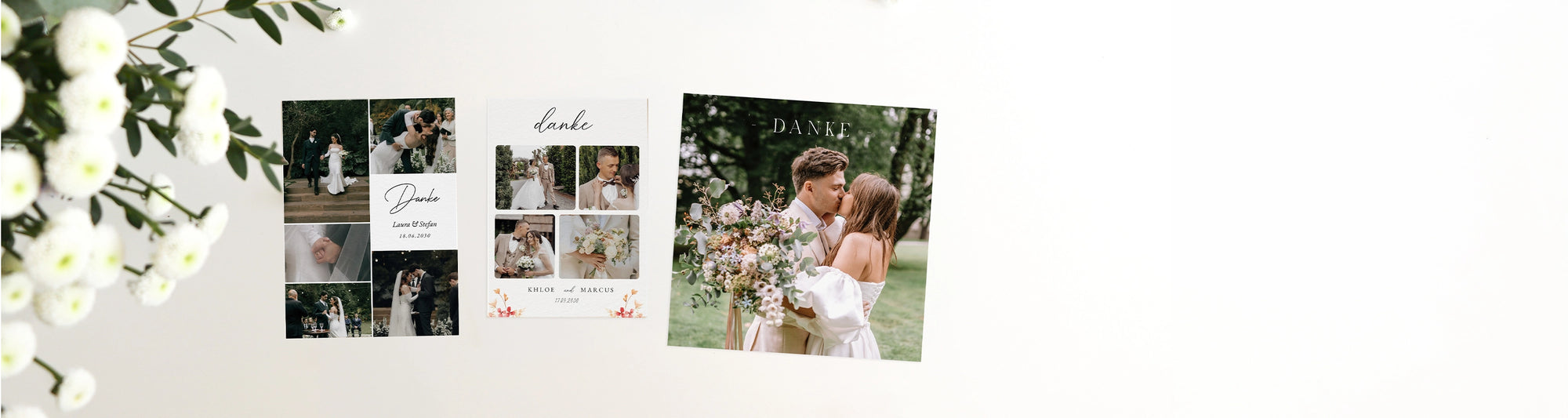 Kollektion mit drei Hochzeits-Dankeskarten – schlicht und mit mehreren Fotos