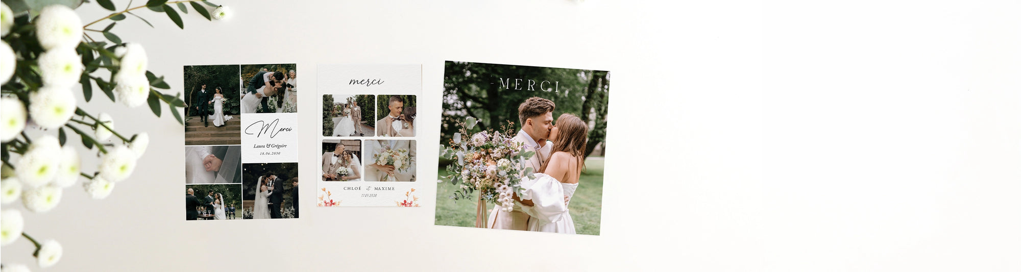 Collection de trois modèles de carte de remerciements mariage simple et multiphotos