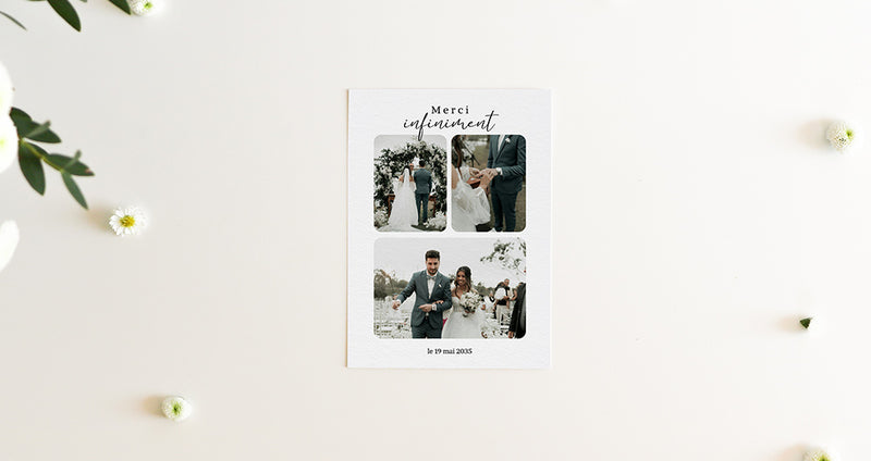 Carte de remerciement de mariage personnalisée avec trois photos et texte