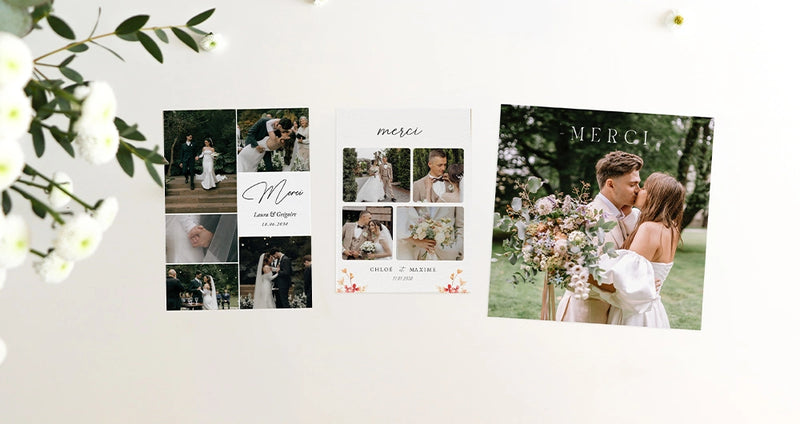 Collection de trois modèles de carte de remerciements mariage simple et multiphotos