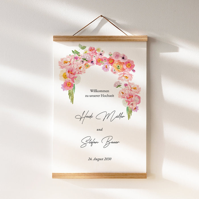 Willkommensschild zur Hochzeit Bogen und Ranunkeln