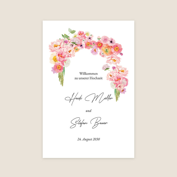Willkommensschild zur Hochzeit Bogen und Ranunkeln